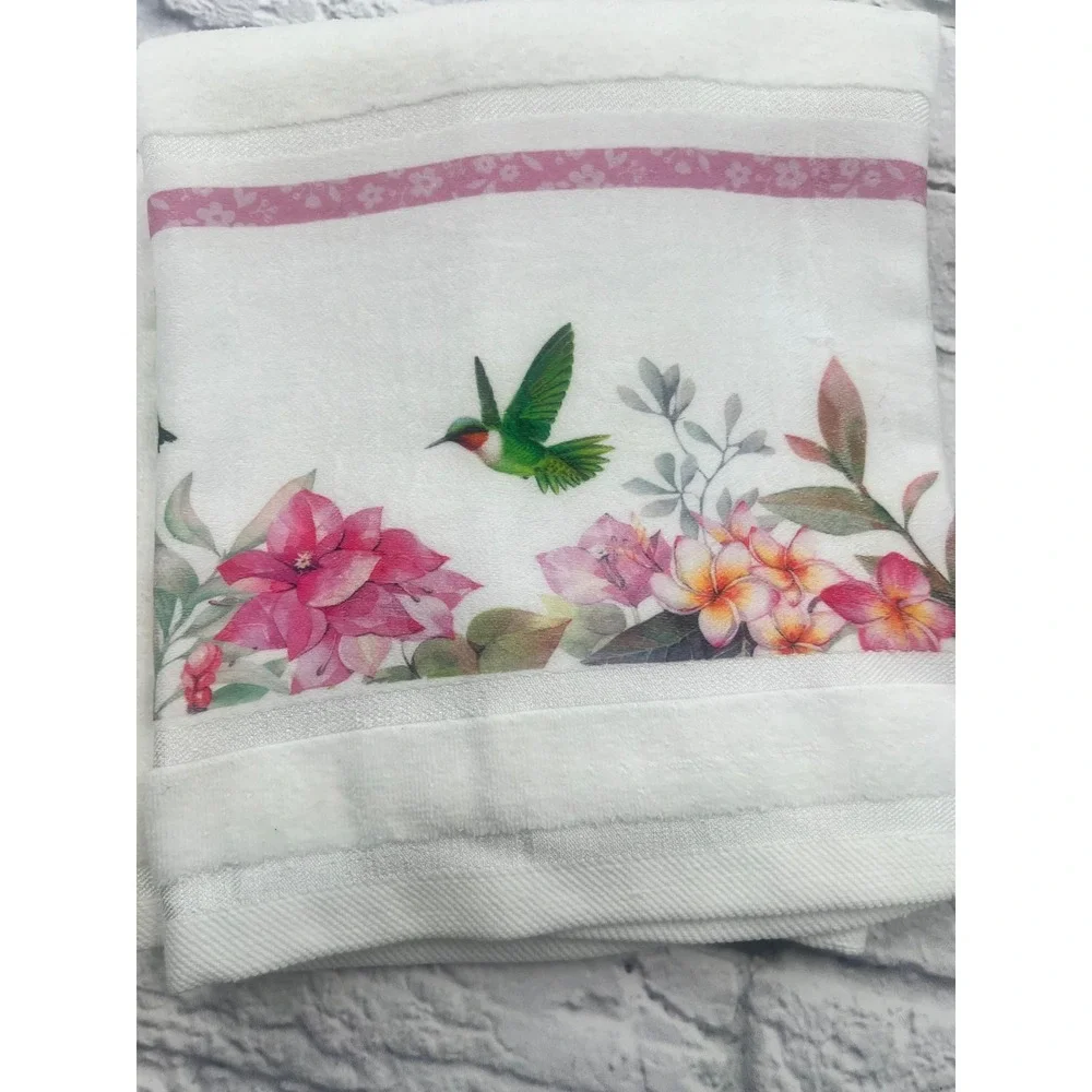 Hummingbird Floral Bath Towel Set 3 Piece White Pink Cotton Blend Decorative